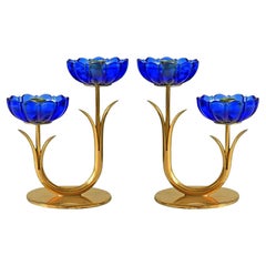 Gunnar Ander for Ystad Metall, Pair of Brass and Blue Glass Candlestick