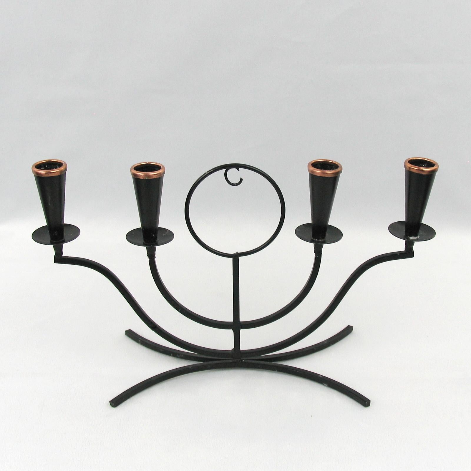 Hand-Painted Gunnar Ander for Ystad Metall, Swedish Modernist Four-Light Candlestick, 1950s For Sale