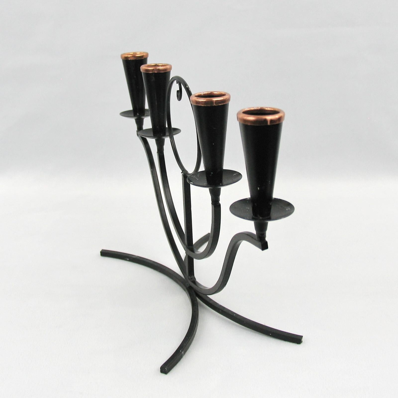Copper Gunnar Ander for Ystad Metall, Swedish Modernist Four-Light Candlestick, 1950s For Sale