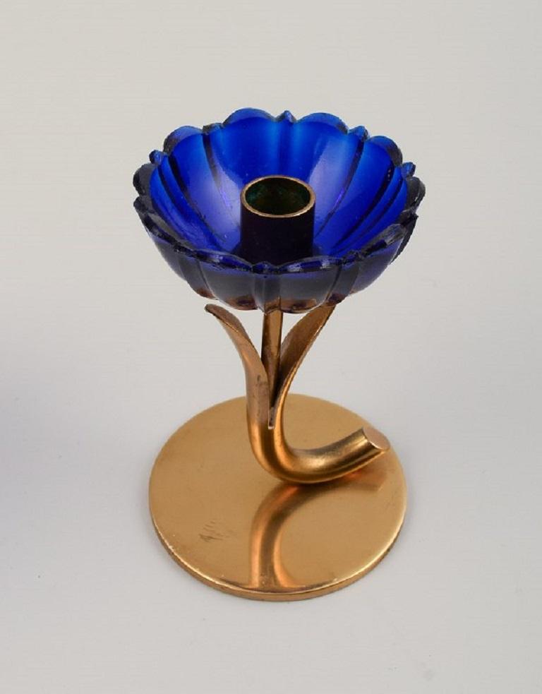 Scandinavian Modern Gunnar Ander for Ystad Metall, Three Candlesticks in Brass and Blue Art Glass For Sale