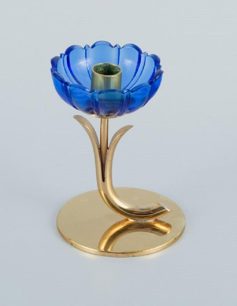 Swedish Gunnar Ander for Ystad Metall, Three Candlesticks in Brass and Blue Art Glass For Sale