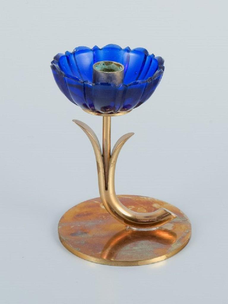 Gunnar Ander for Ystad Metall, Three Candlesticks in Brass and Blue Art Glass In Excellent Condition For Sale In Copenhagen, DK