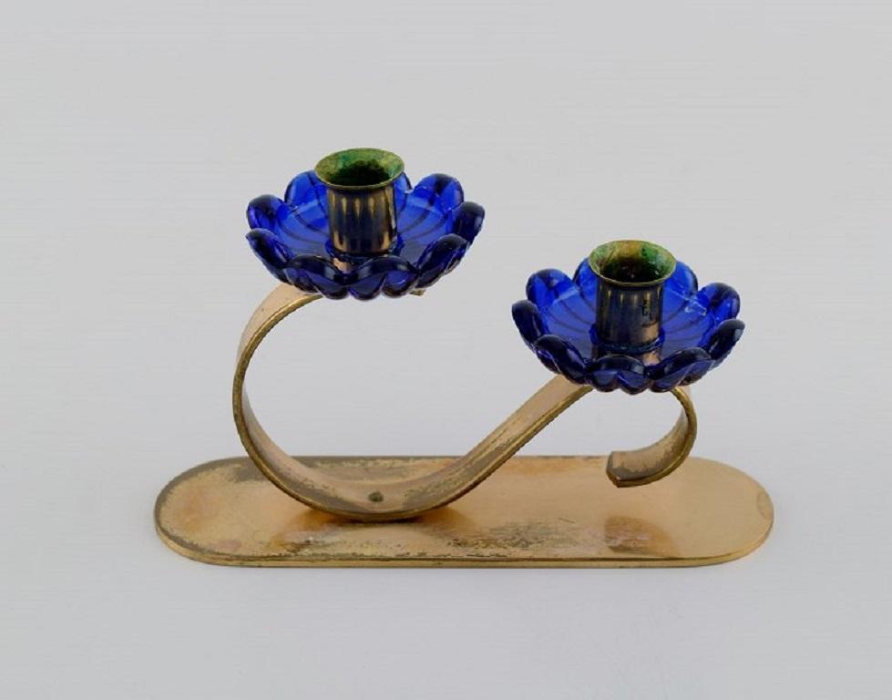 Gunnar Ander for Ystad Metall, Two Candlesticks in Brass and Blue Art Glass In Excellent Condition In Copenhagen, DK