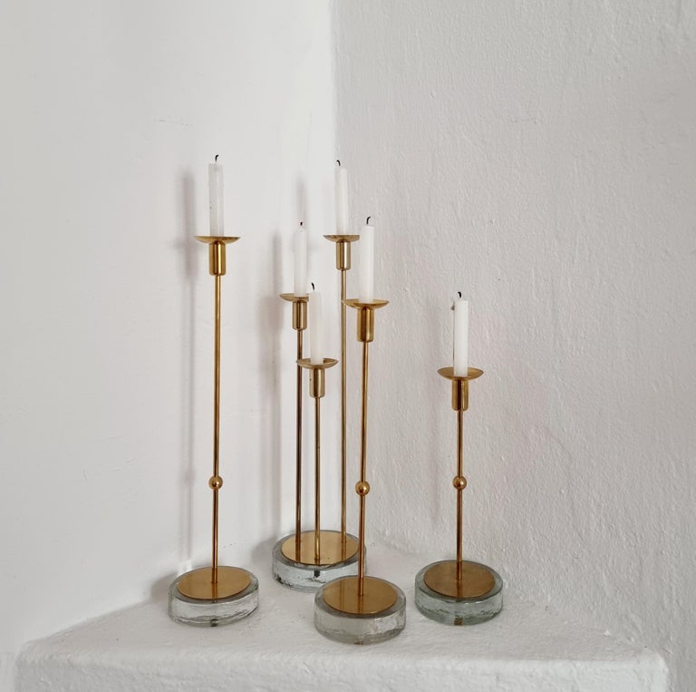 Gunnar Ander, Four Candle Holders, Brass and Glass, Ystad Metall