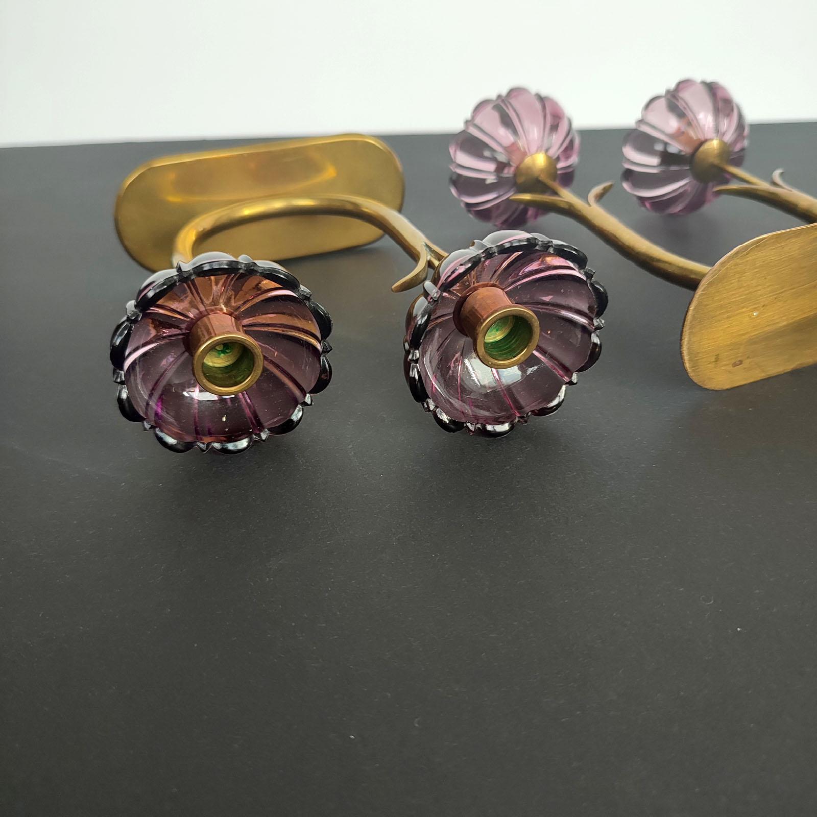 Gunnar Ander Pair of Brass Candleholders with Flowers in Purple Glass 4