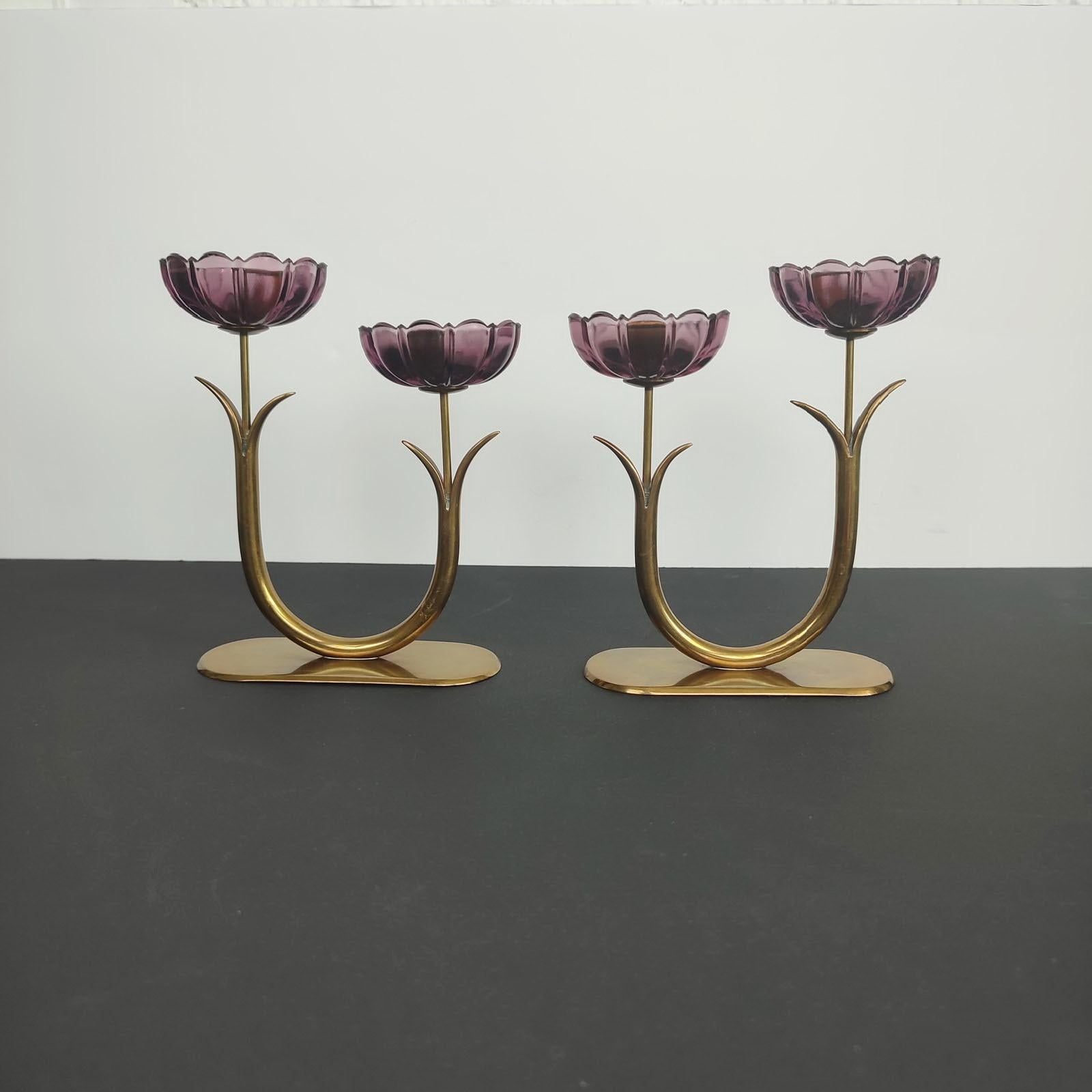 Swedish Gunnar Ander Pair of Brass Candleholders with Flowers in Purple Glass