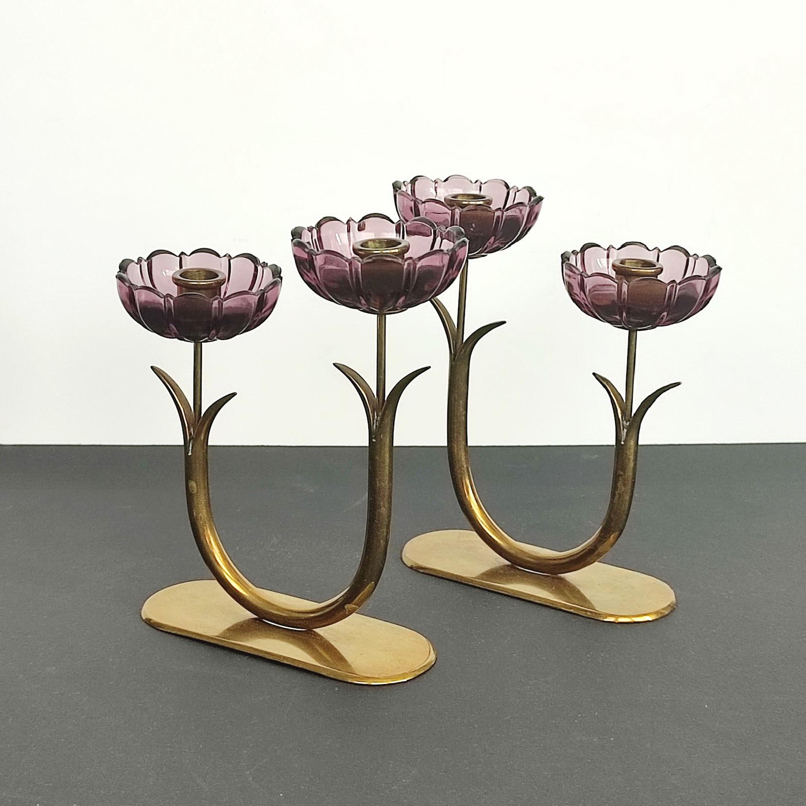 Gunnar Ander Pair of Brass Candleholders with Flowers in Purple Glass In Good Condition In Bochum, NRW