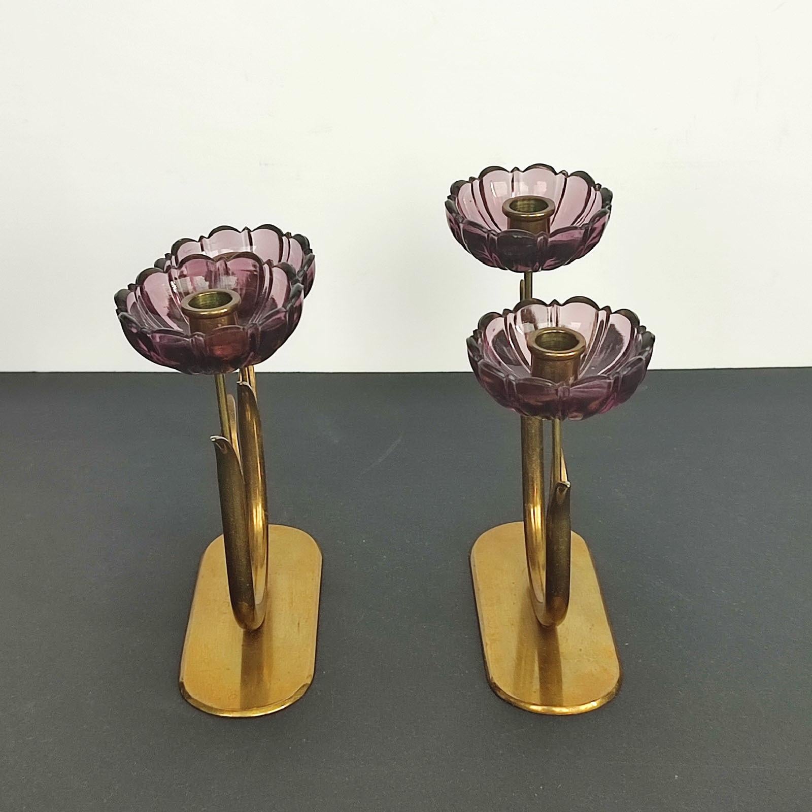 Mid-20th Century Gunnar Ander Pair of Brass Candleholders with Flowers in Purple Glass
