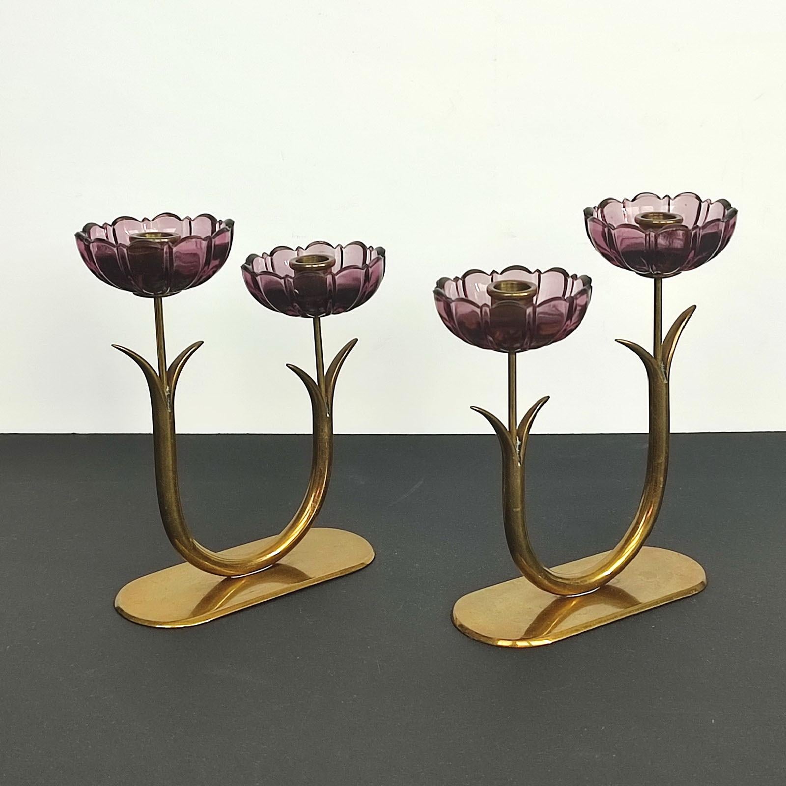 Gunnar Ander Pair of Brass Candleholders with Flowers in Purple Glass 1