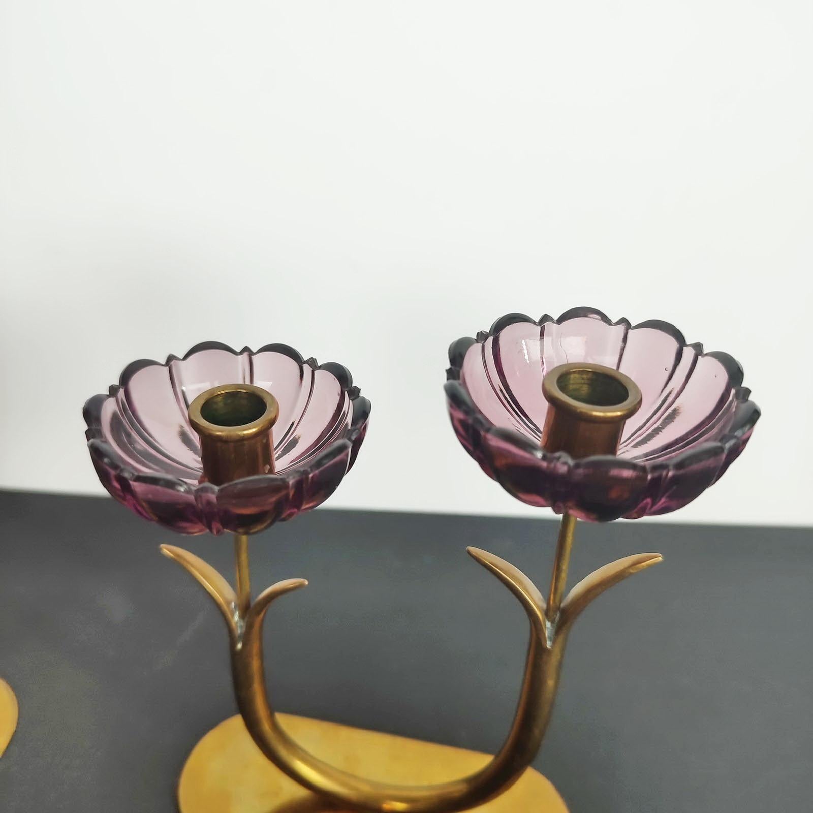 Gunnar Ander Pair of Brass Candleholders with Flowers in Purple Glass 2