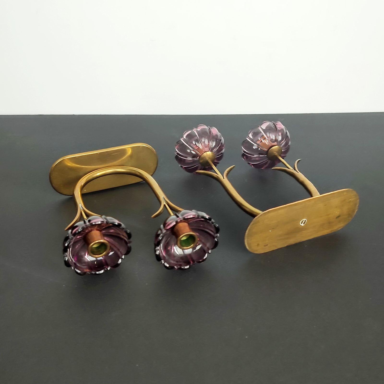 Gunnar Ander Pair of Brass Candleholders with Flowers in Purple Glass 3
