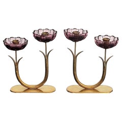 Vintage Gunnar Ander Pair of Brass Candleholders with Flowers in Purple Glass