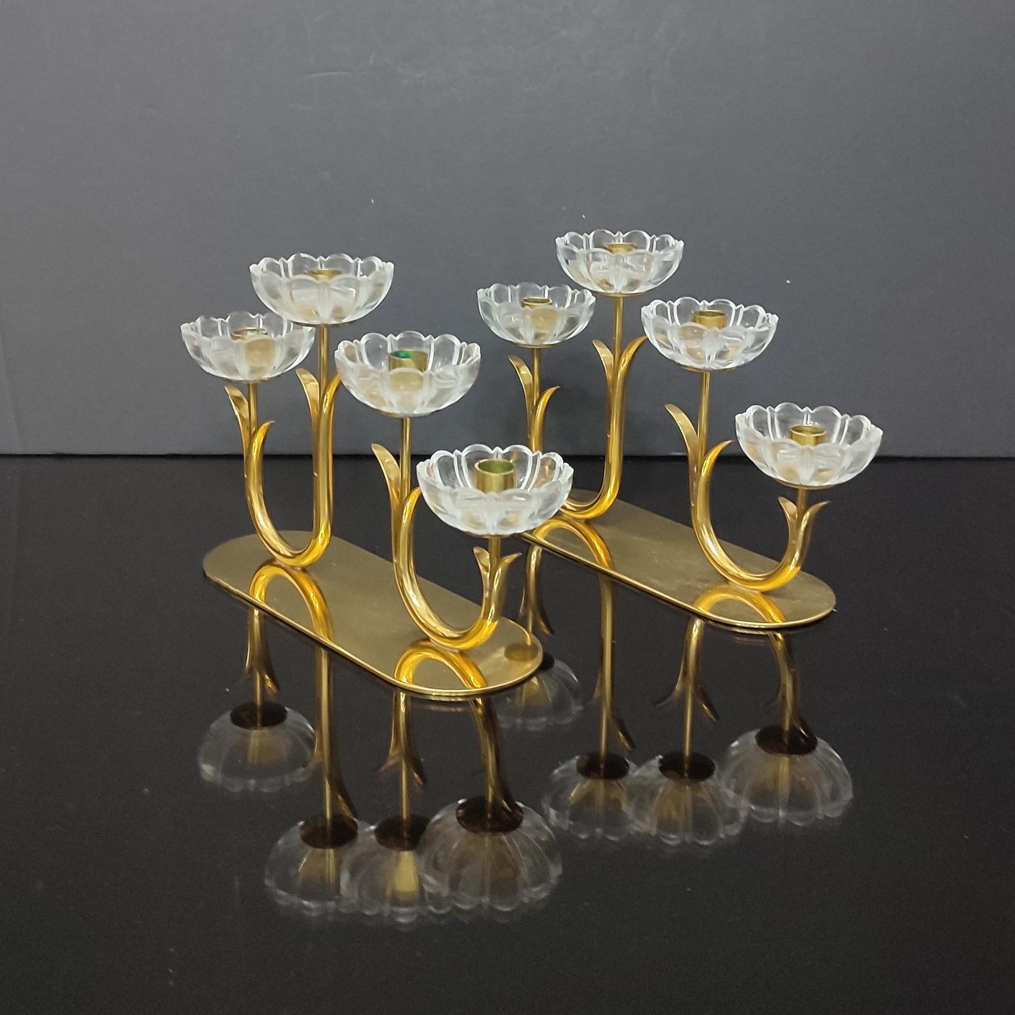 Swedish Gunnar Ander, Pair of Candelabra, Brass, Glass, Ystad Metall, Sweden, 1950s For Sale