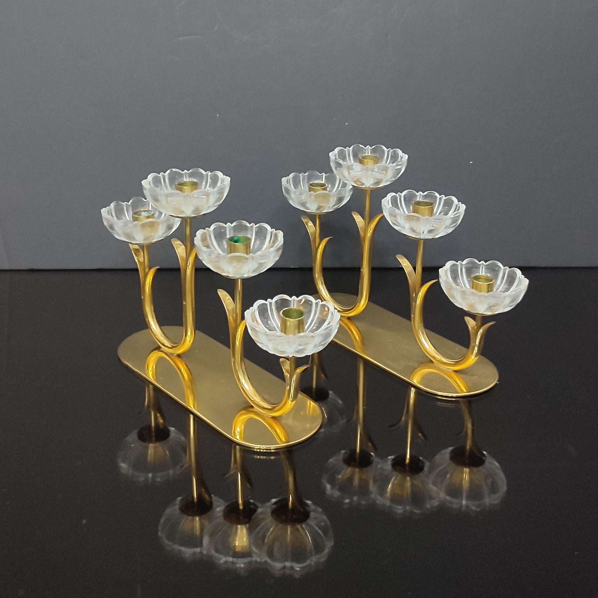 Gunnar Ander, Pair of Candelabra, Brass, Glass, Ystad Metall, Sweden, 1950s In Excellent Condition For Sale In Bochum, NRW