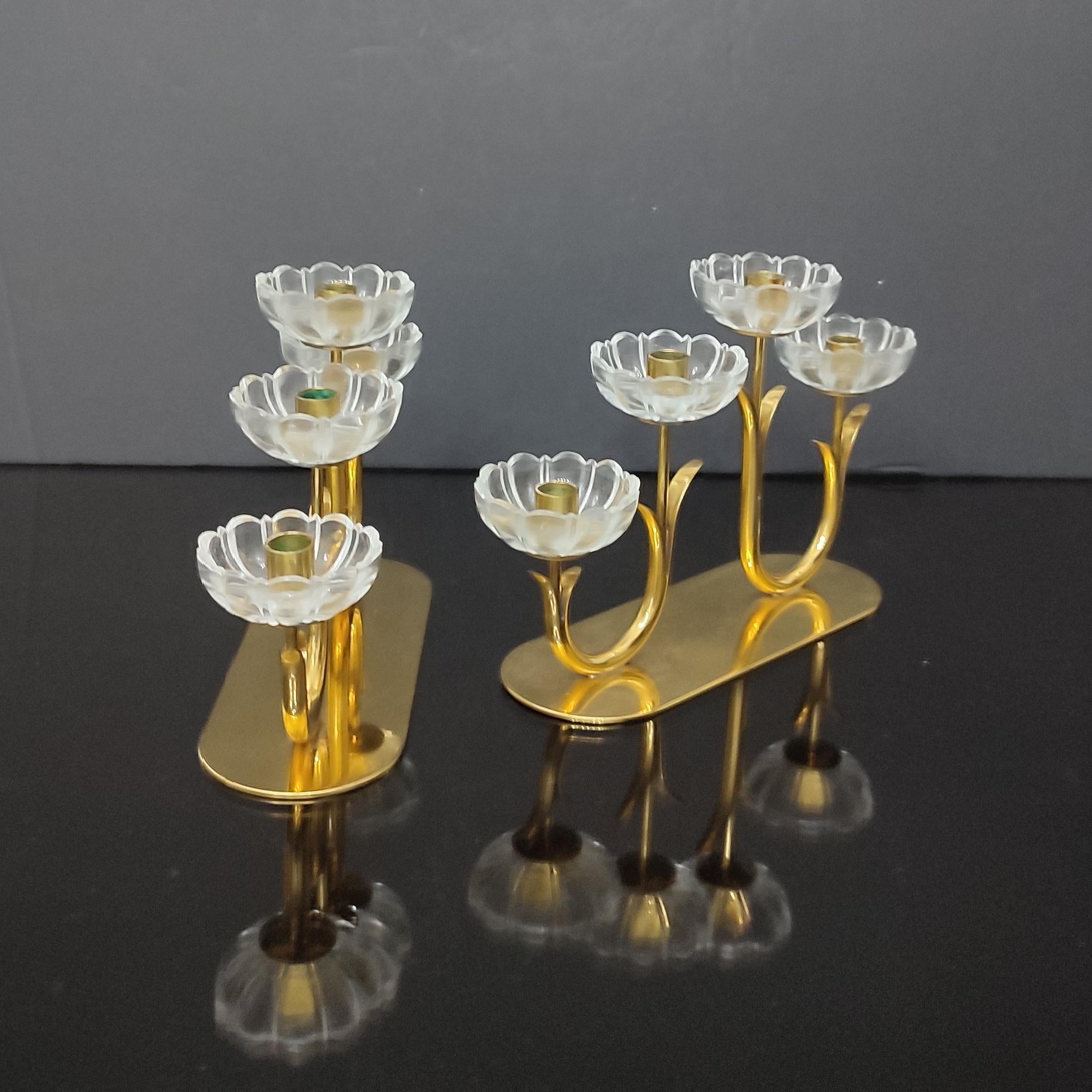 Gunnar Ander, Pair of Candelabra, Brass, Glass, Ystad Metall, Sweden, 1950s For Sale 1