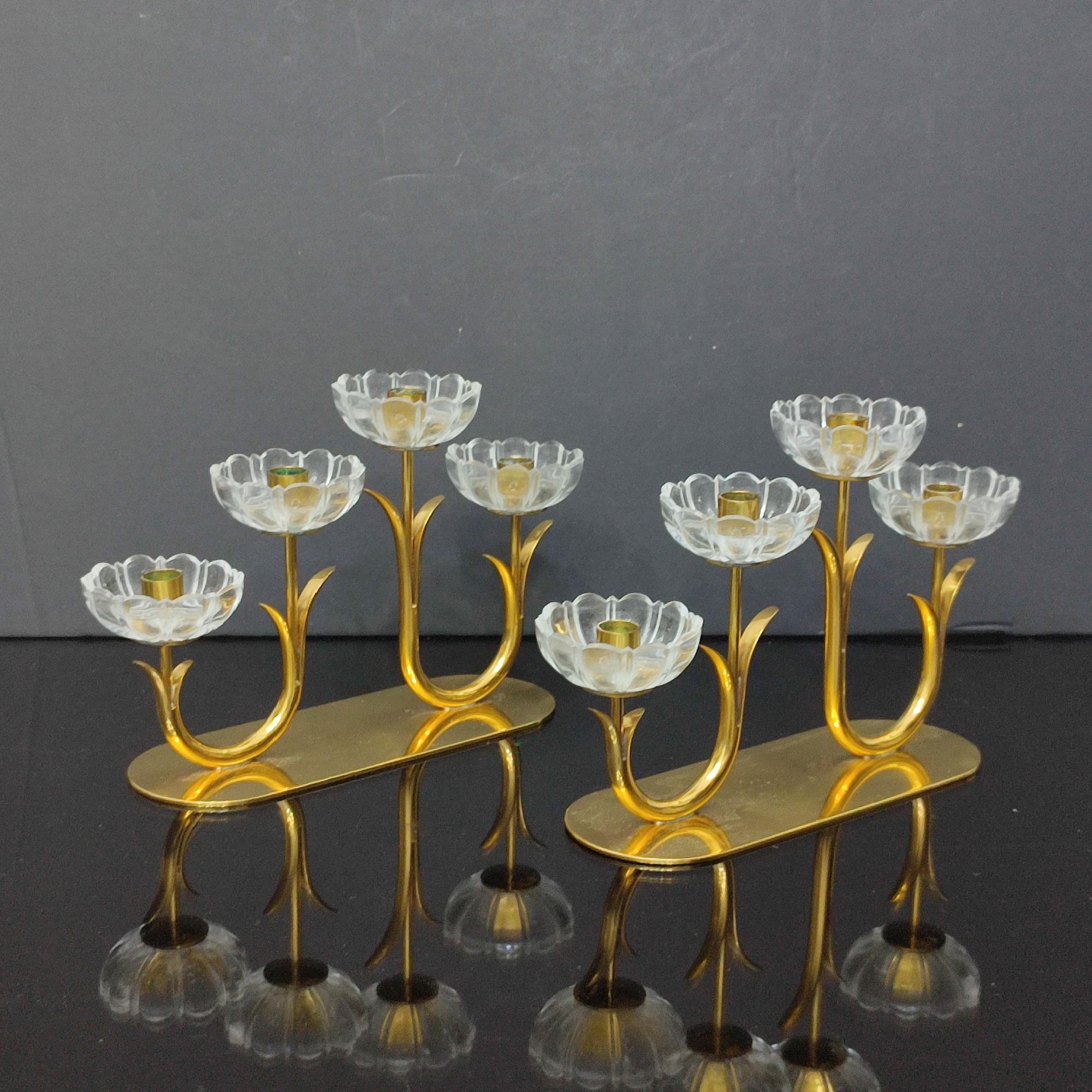 Gunnar Ander, Pair of Candelabra, Brass, Glass, Ystad Metall, Sweden, 1950s For Sale 2
