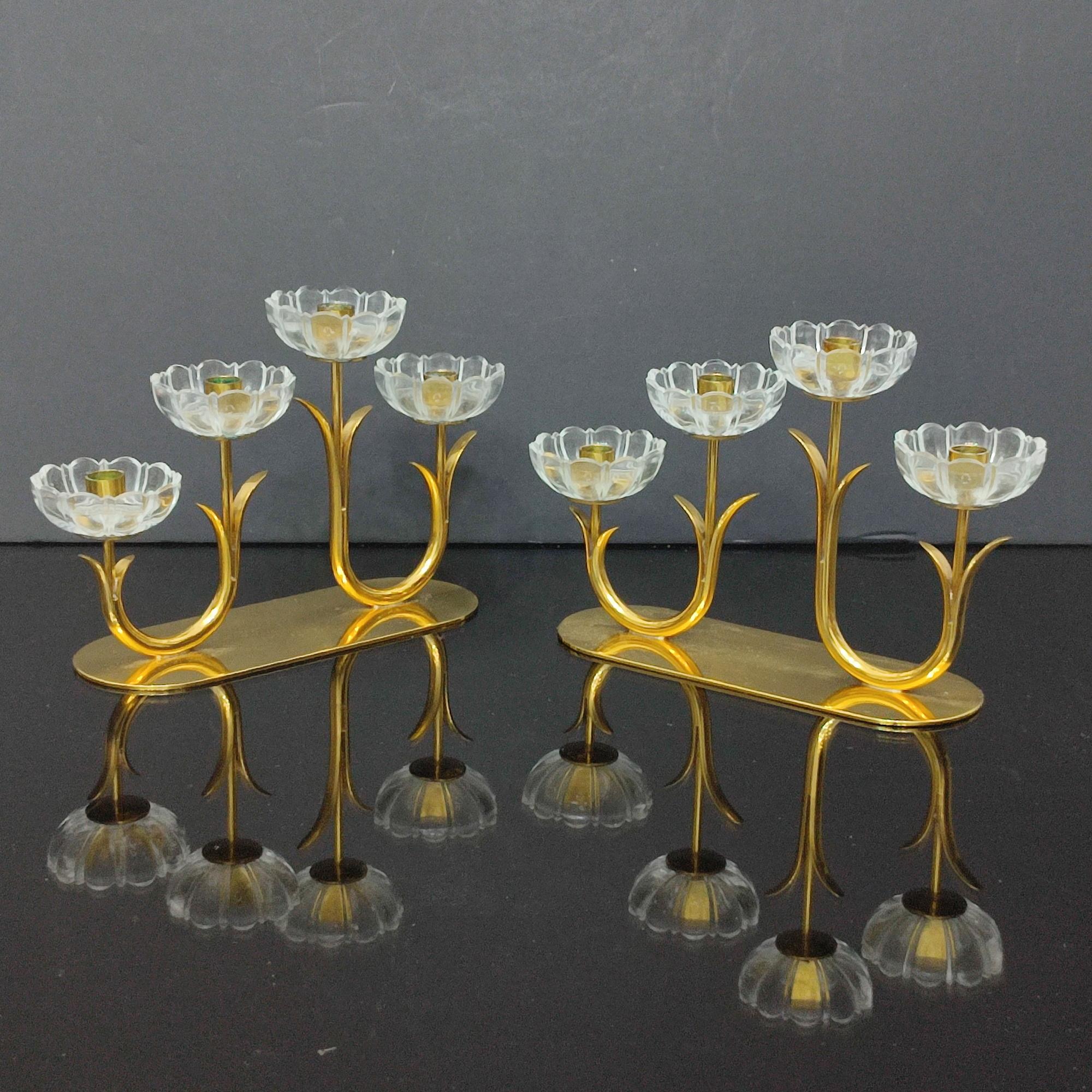 Gunnar Ander, Pair of Candelabra, Brass, Glass, Ystad Metall, Sweden, 1950s For Sale 3