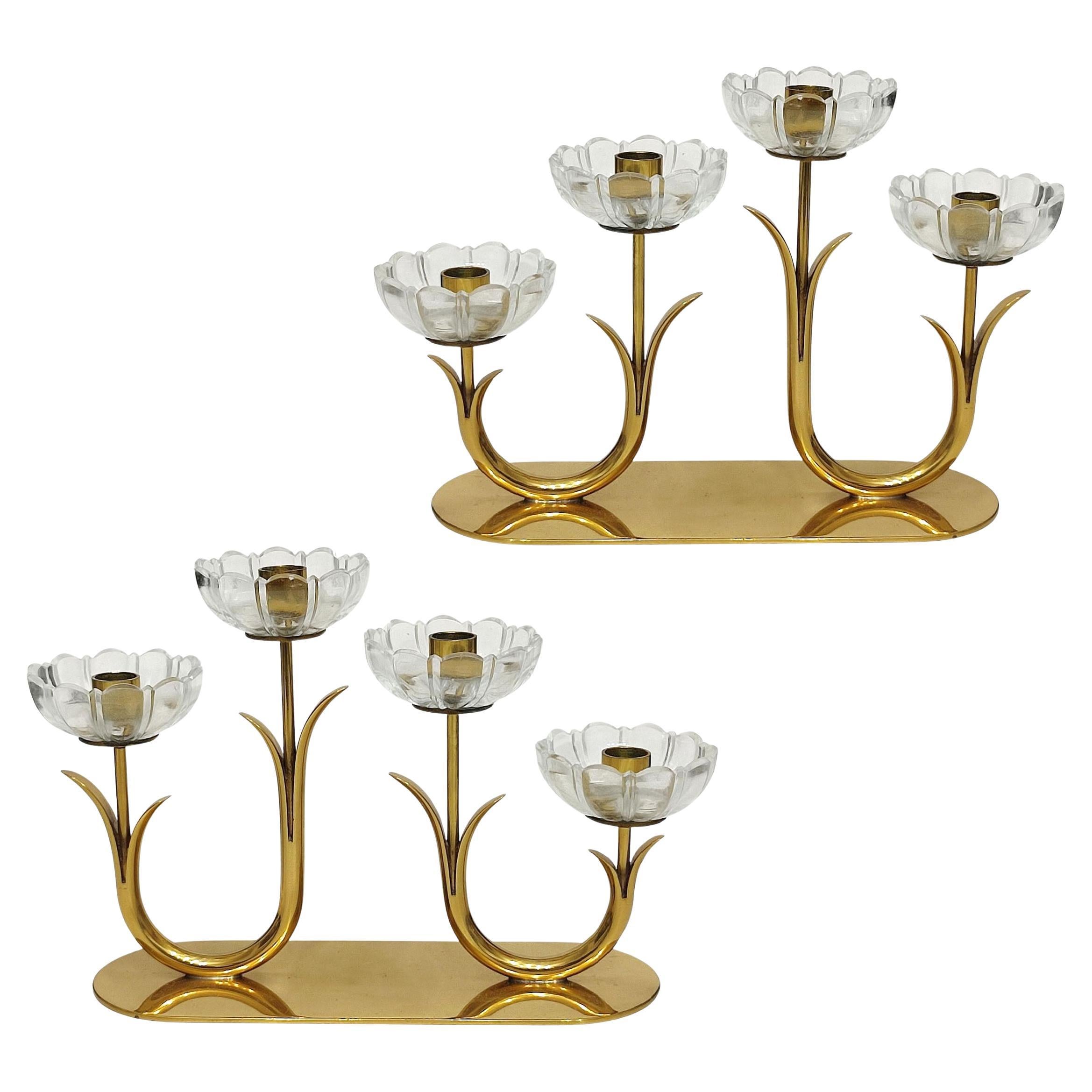 Gunnar Ander, Pair of Candelabra, Brass, Glass, Ystad Metall, Sweden, 1950s For Sale