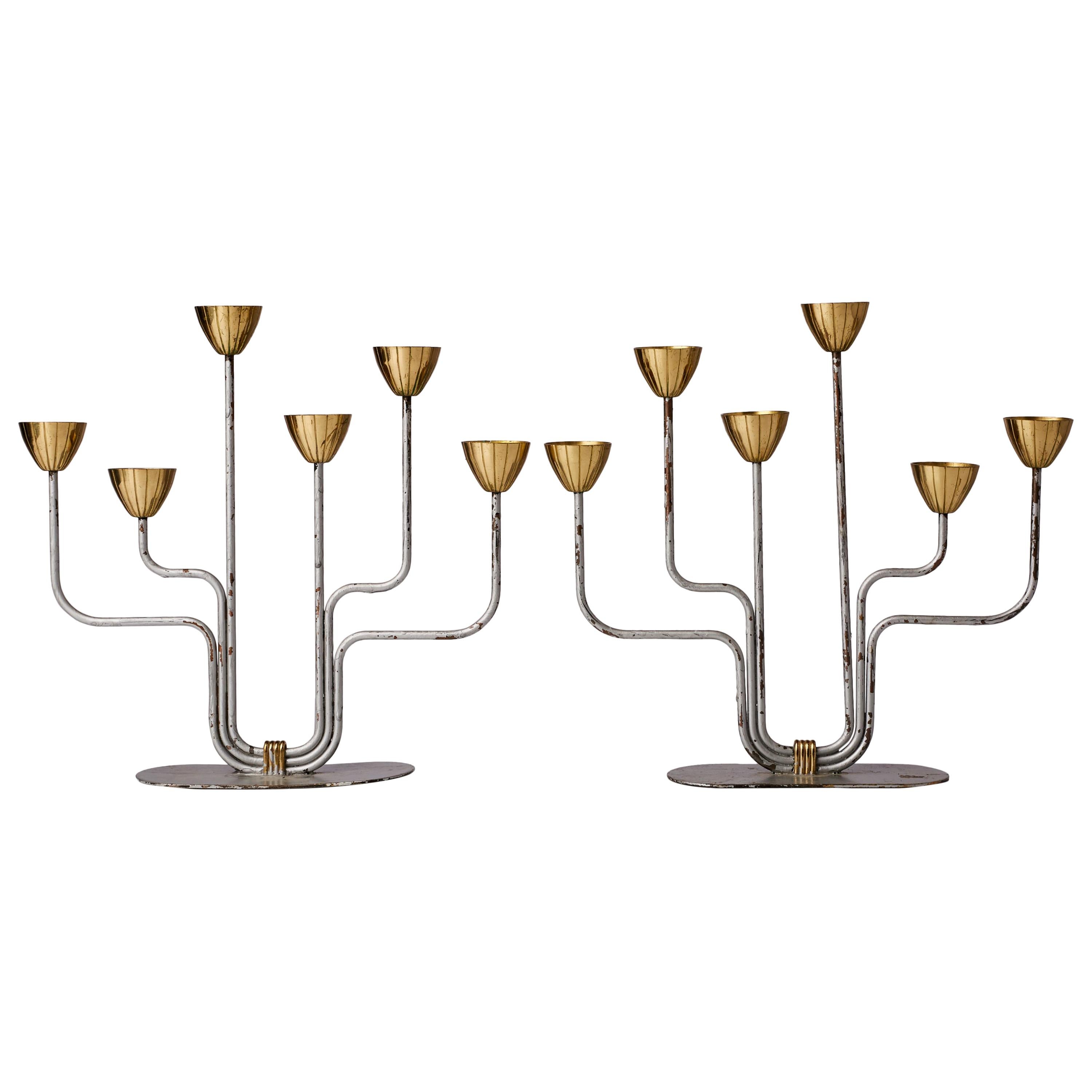 Gunnar Ander, Pair of Candelabras, for Ystad Metall, Brass, Metal, Sweden, 1950s