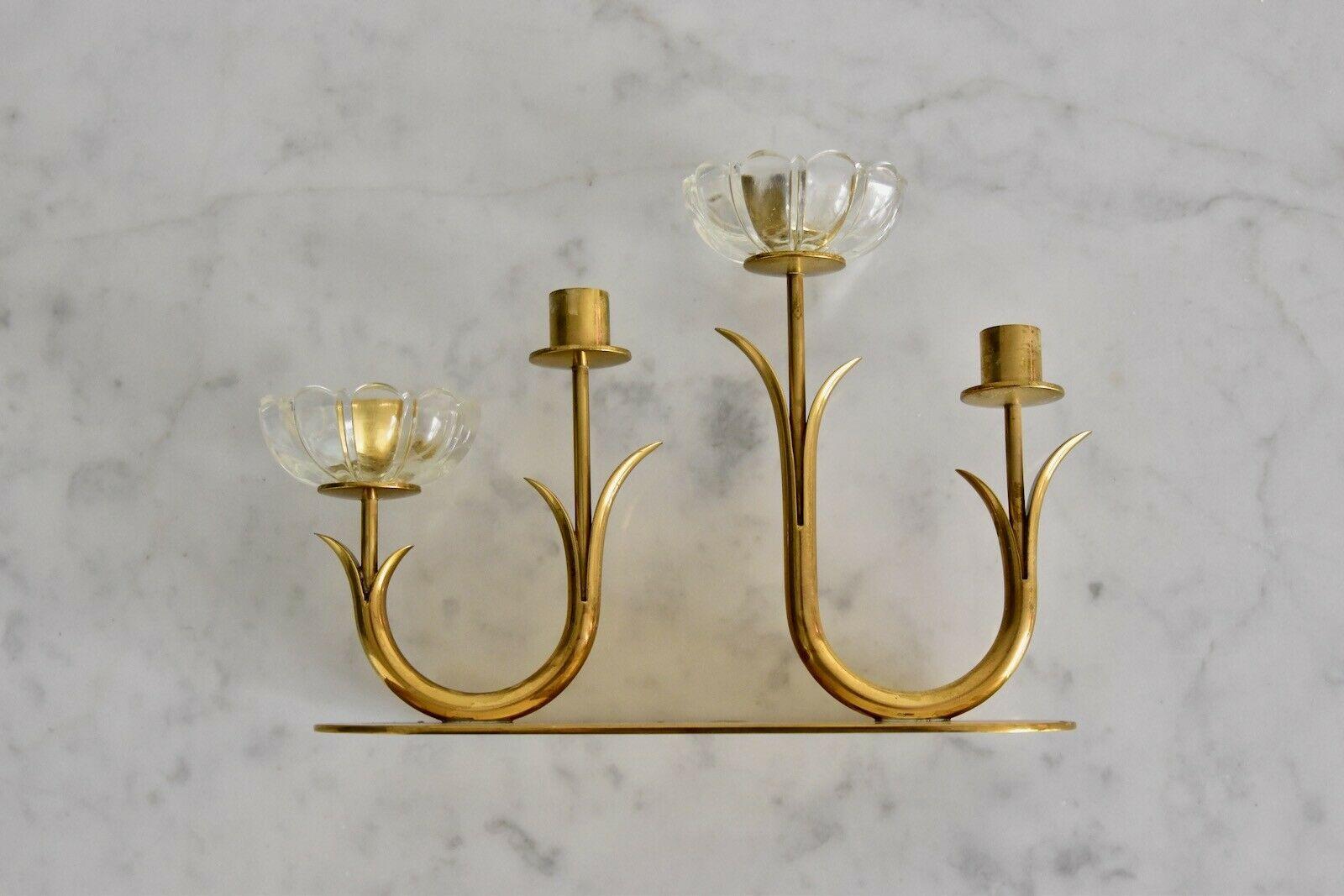 Scandinavian Modern Gunnar Ander Ystad Metall Schweden Brass and Glass Flowers Candleholder