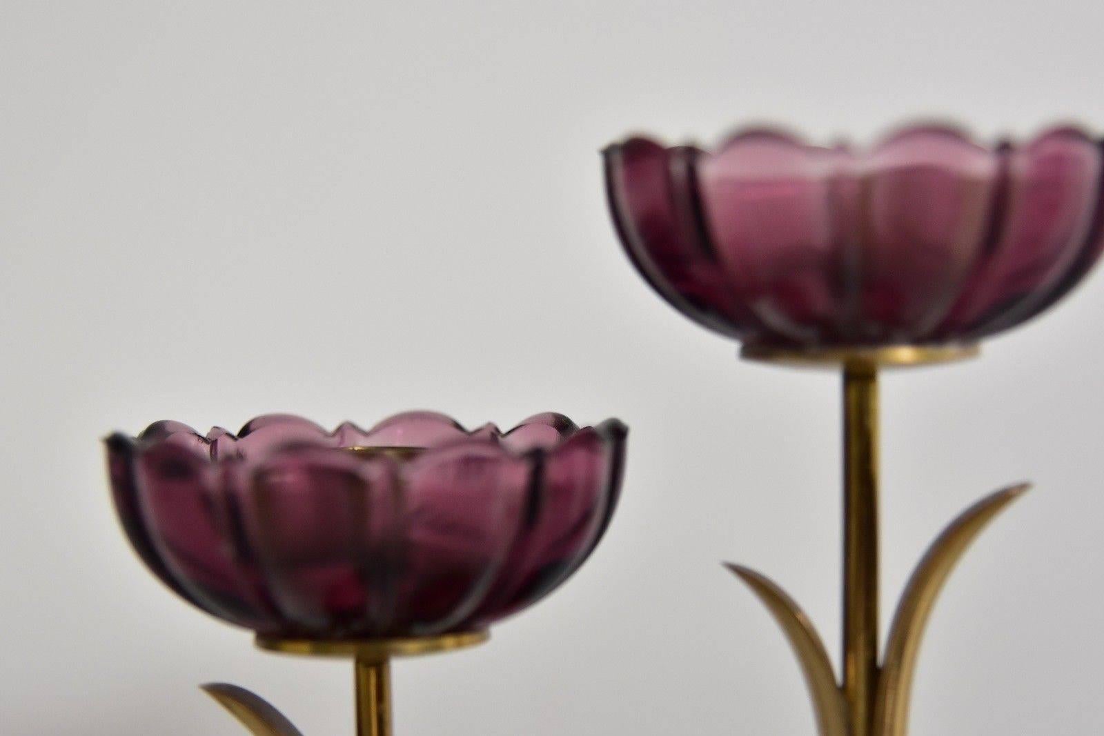 Gunnar Ander Ystad Metall Schweden Brass Purple Flowers Candleholder 1
