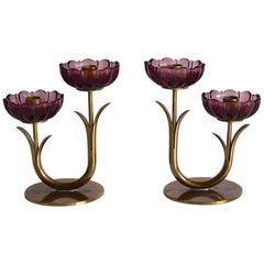 Gunnar Ander Ystad Metall Schweden Brass Purple Flowers Candleholder