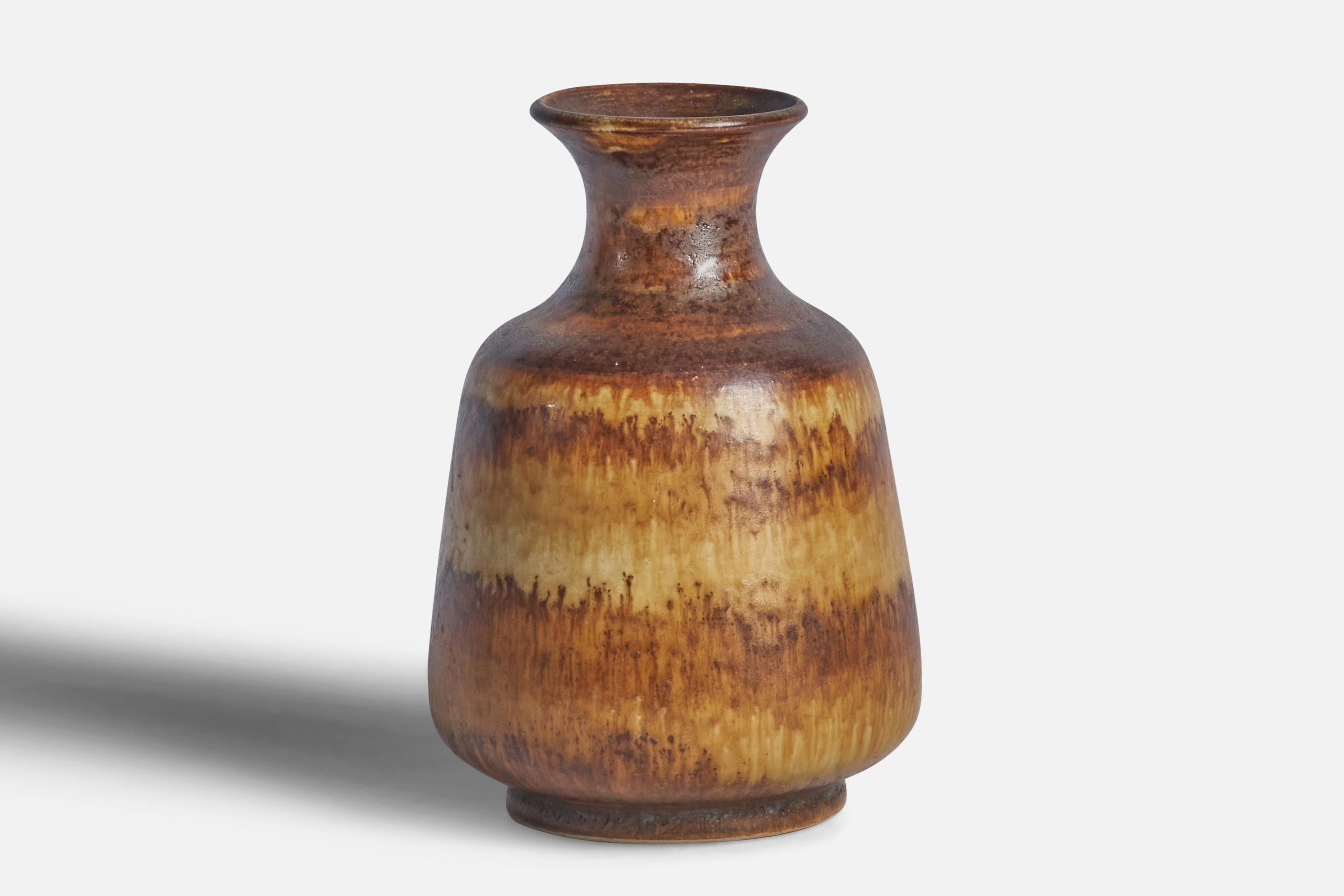 A brown and beige-glazed stoneware vase designed by Gunnar Andersson and produced by Höganäs Keramik, Sweden, c. 1970s.