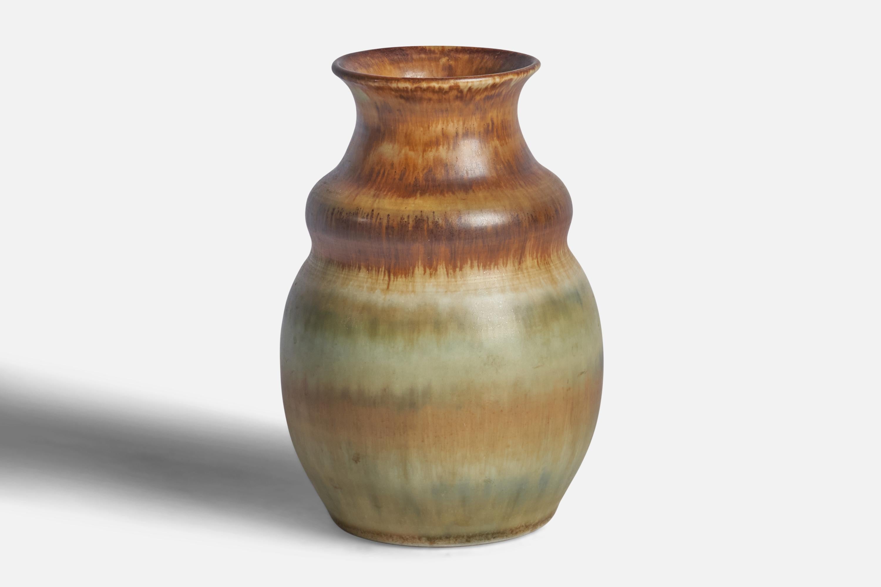 A brown and beige and green-glazed stoneware vase designed by Gunnar Andersson and produced by Höganäs Keramik, Sweden, c. 1970s.
