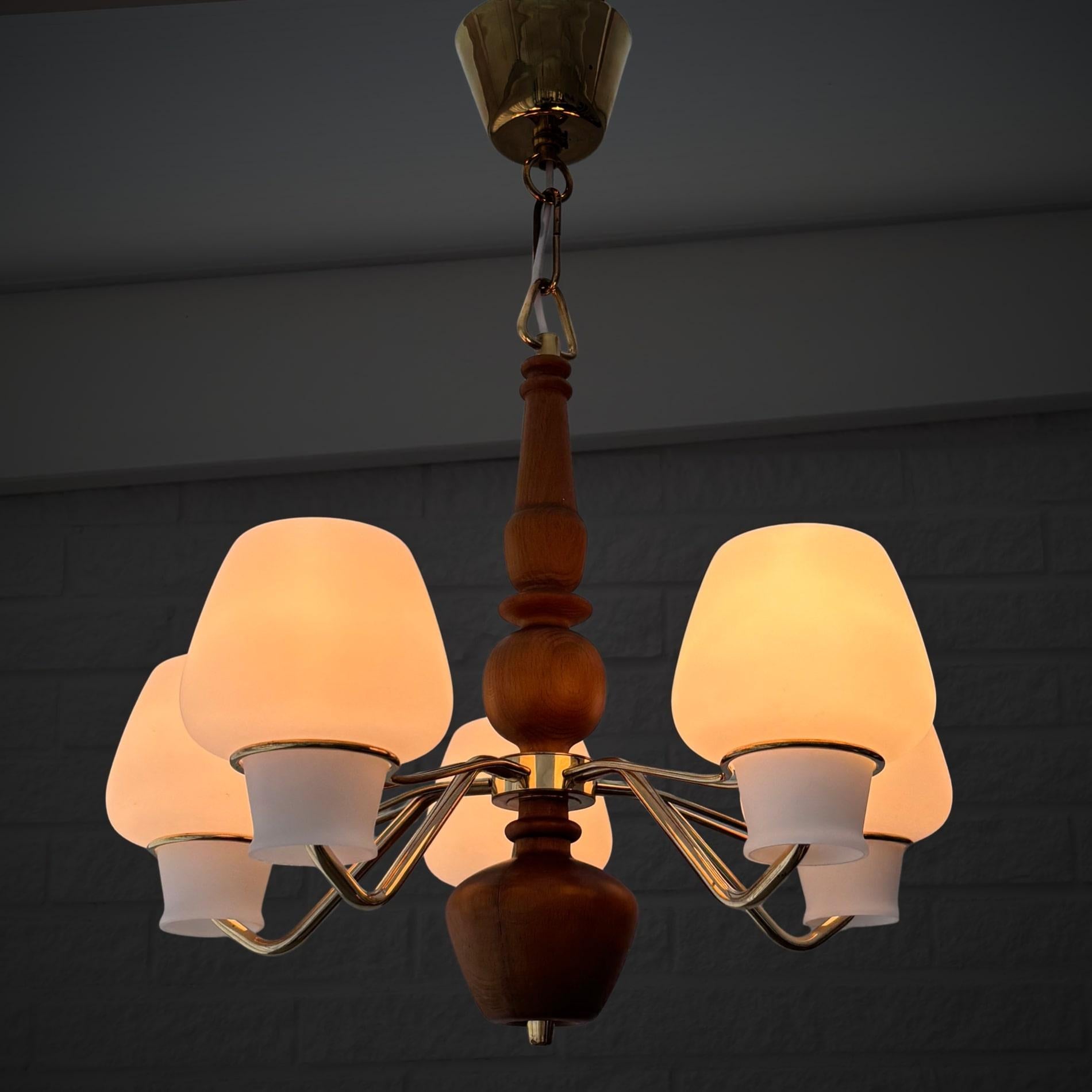 Scandinavian Modern Gunnar Asplund, ASEA, mid century chandelier, brass & oak, Sweden, 1950s For Sale