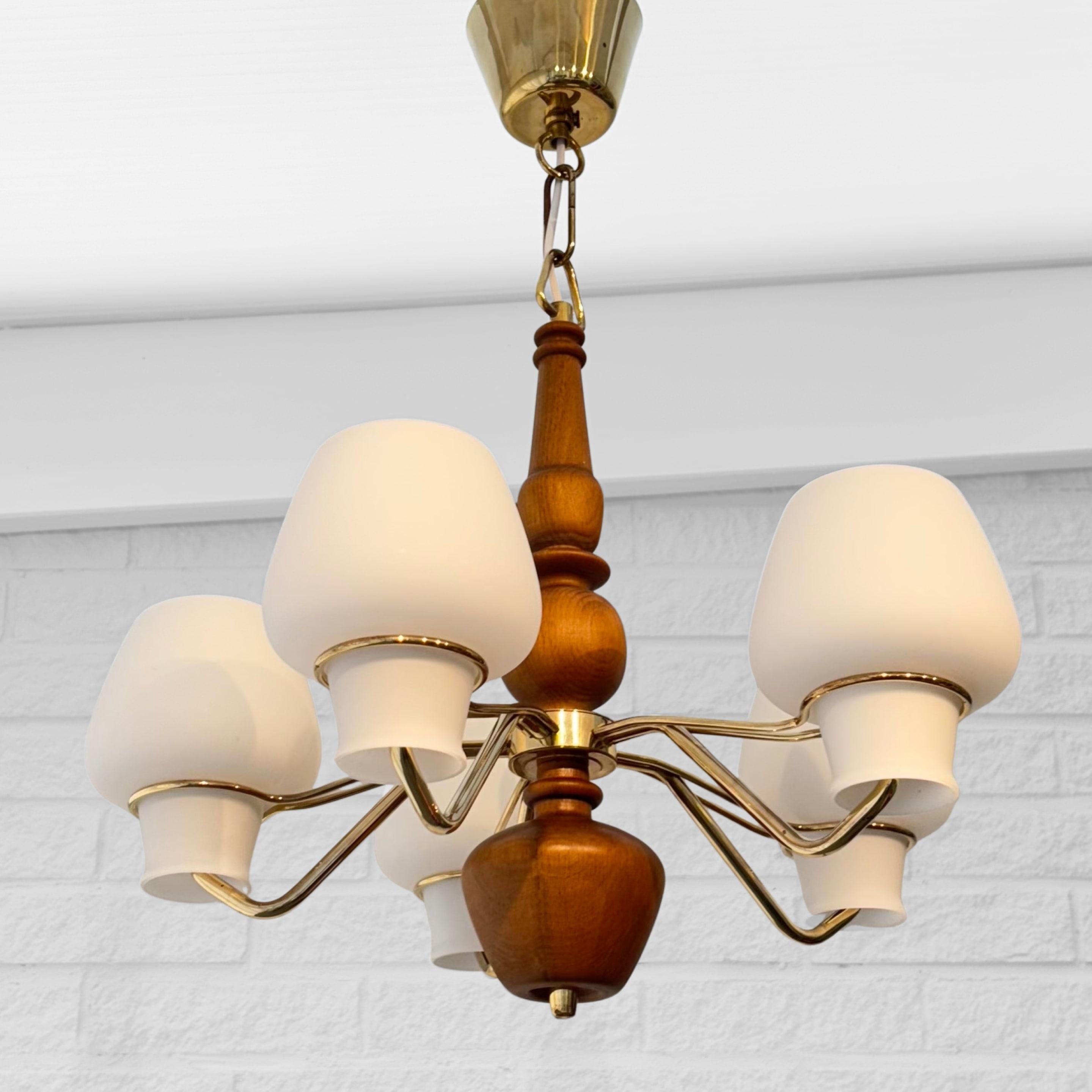 Swedish Gunnar Asplund, ASEA, mid century chandelier, brass & oak, Sweden, 1950s For Sale