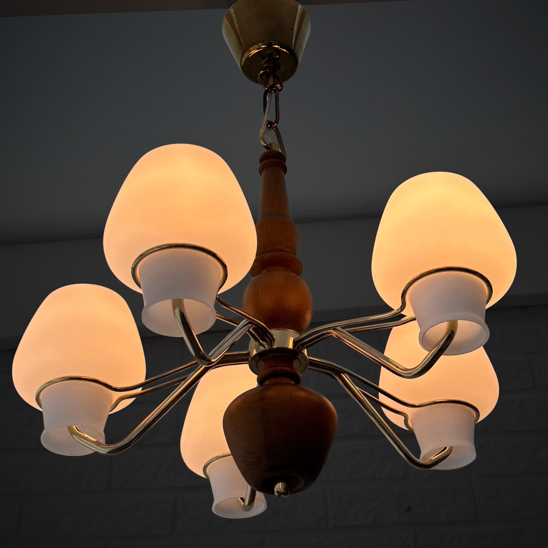 Mid-20th Century Gunnar Asplund, ASEA, mid century chandelier, brass & oak, Sweden, 1950s For Sale