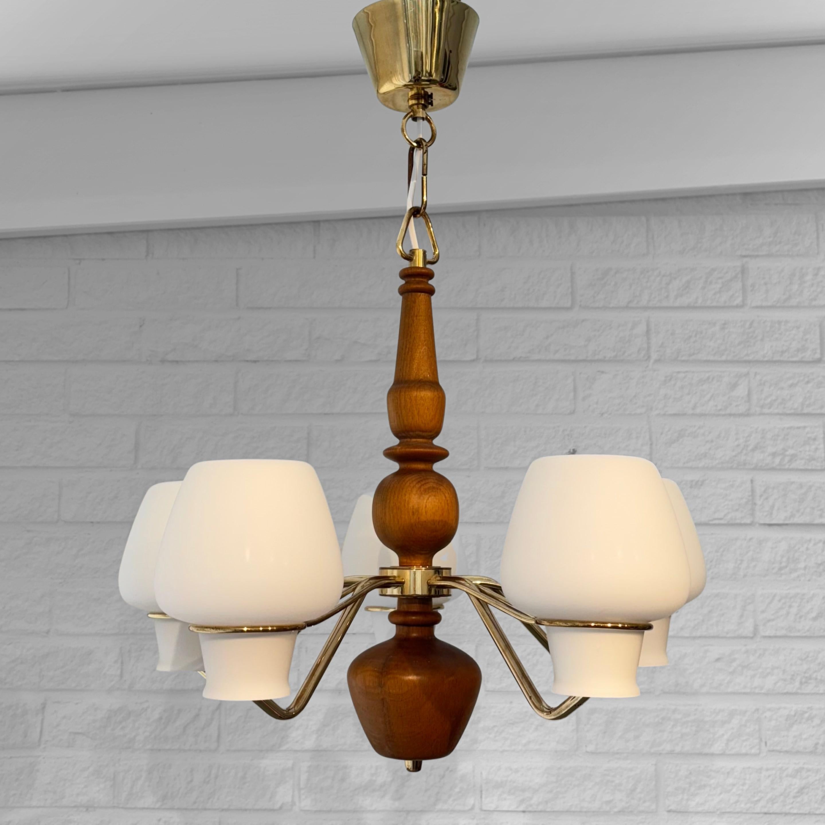 Brass Gunnar Asplund, ASEA, mid century chandelier, brass & oak, Sweden, 1950s For Sale