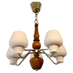 Gunnar Asplund, ASEA, mid century chandelier, brass & oak, Sweden, 1950s