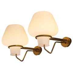Gunnar Asplund for ASEA Pair of Wall Lights in Opaline Glass and Brass
