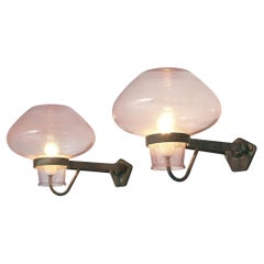 Gunnar Asplund Large Wall Lights in Pink Glass and Copper