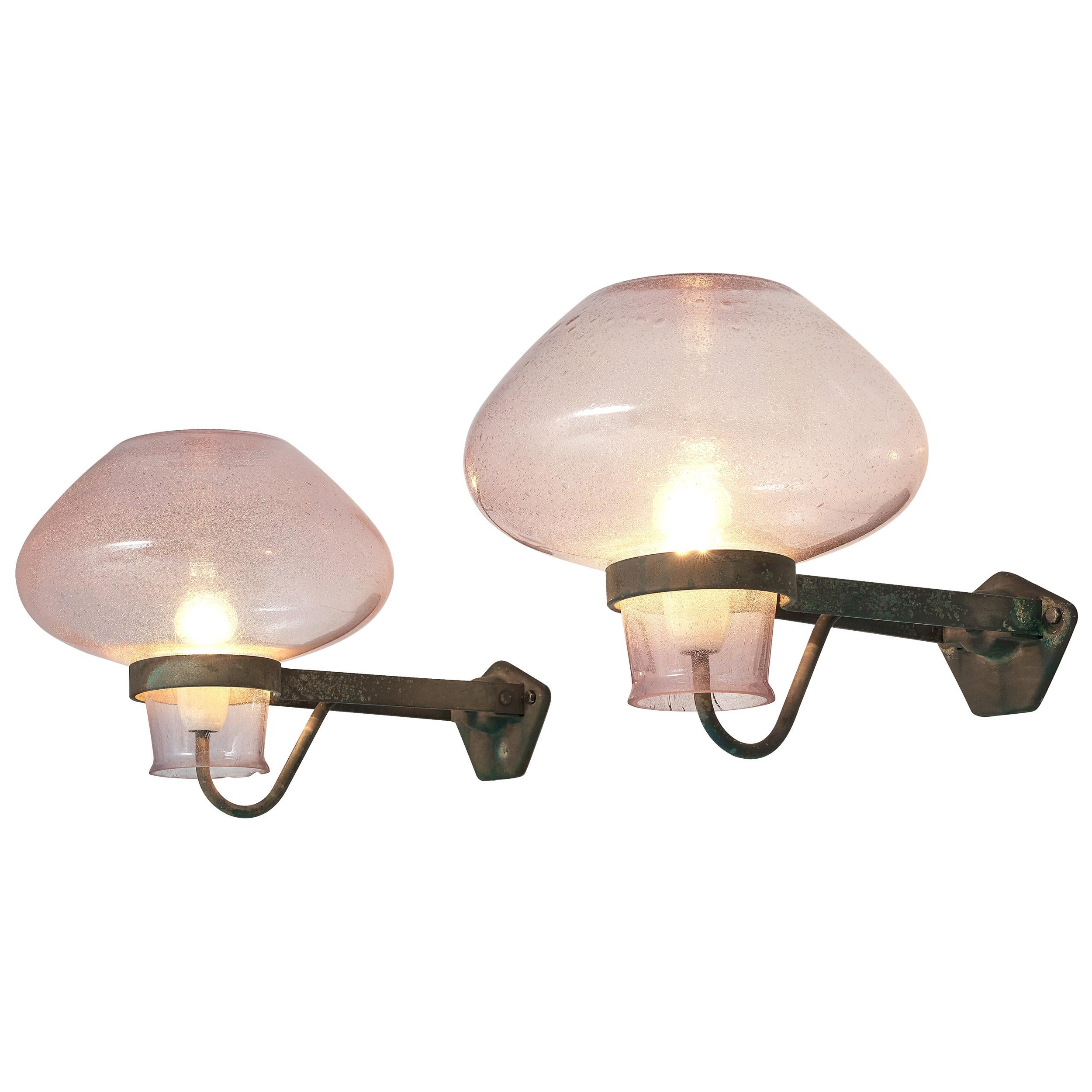 Gunnar Asplund Pair of Large Wall Lights Model 641 in Soft Pink Glass, 1930s