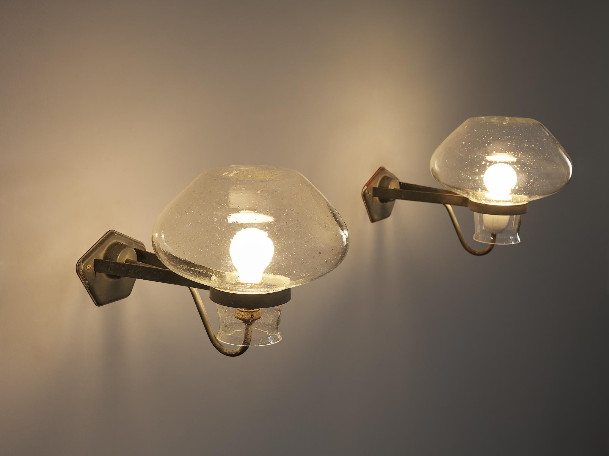 Mid-20th Century Gunnar Asplund for ASEA Wall Lights in Blown Glass and Metal 1940s