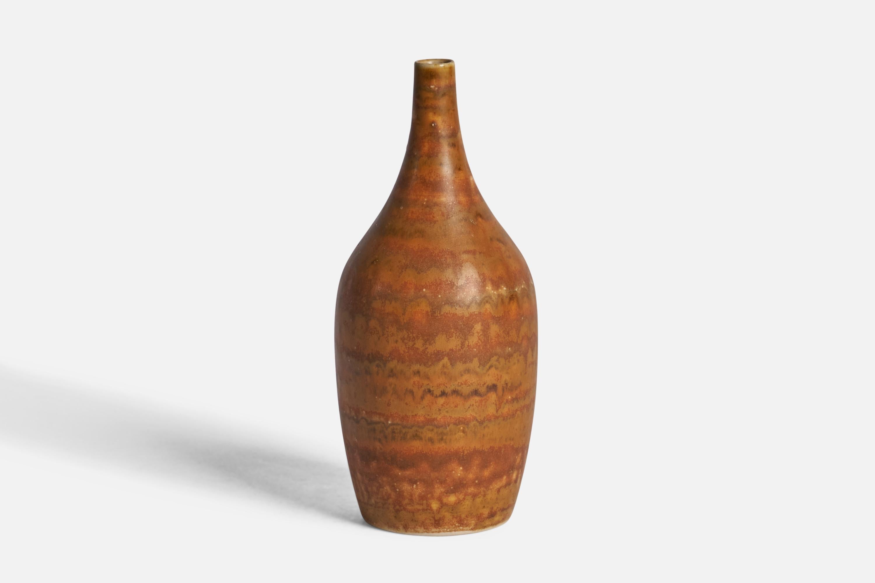 A small brown-glazed stoneware vase designed and produced by Gunnar Borg, Höganäs, Sweden, c. 1960s.

“STENGODS” “HÖGANAS” signature on bottom