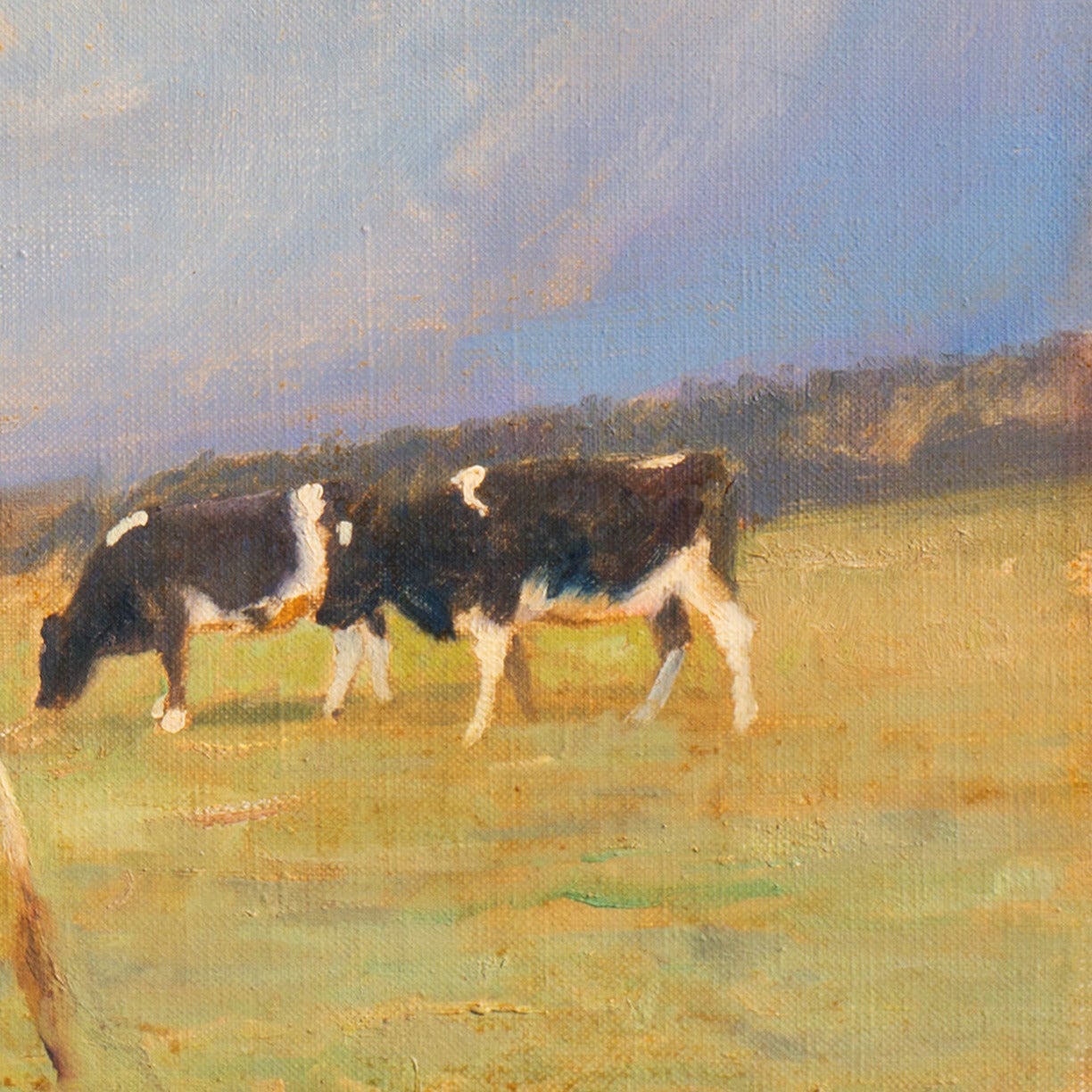 Signed lower right, 'G. Bundgaard' for Gunnar Bundgaard (Danish, 1920-2005) and dated '57'.

A light-filled, panoramic landscape showing Holstein cattle grazing in a grassy field beneath sun-lit clouds.

This listed Danish painter first studied at