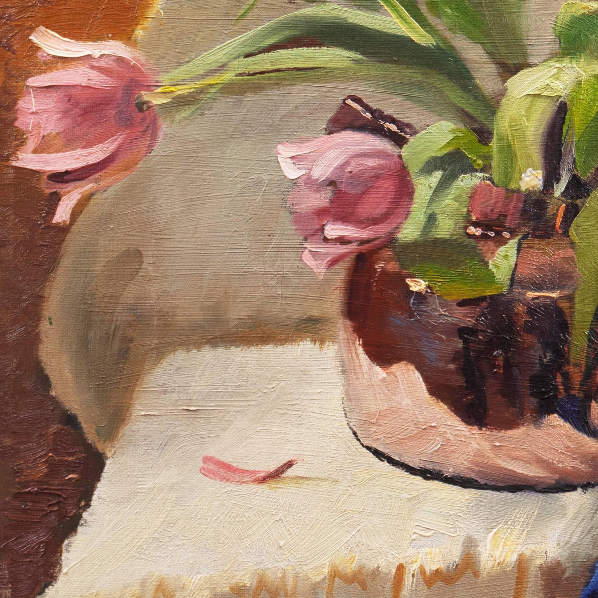 Signed lower left 'G. Bundgaard' for Gunnar Bundgaard (Danish, 1920-2005) and painted circa 1950.

An elegant and painterly still-life showing pink tulips gracefully arranged in an antique copper kettle and contrasted against a draped background of
