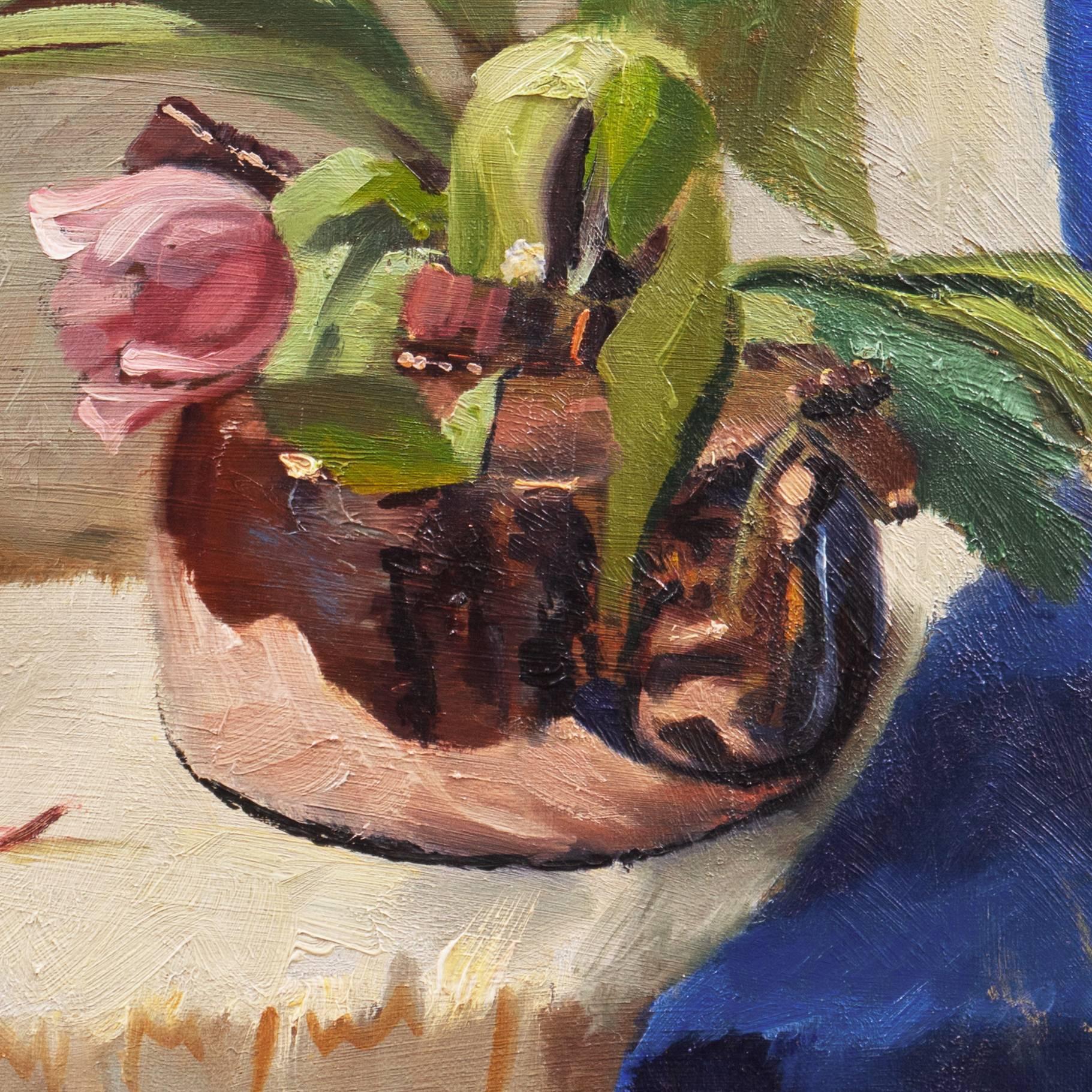 'Pink Tulips in a Copper Kettle' Mid-century Danish Impressionist Oil Still Life 1