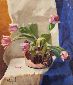 Vintage 'Pink Tulips in a Copper Kettle' Mid-century Danish Impressionist Oil Still Life