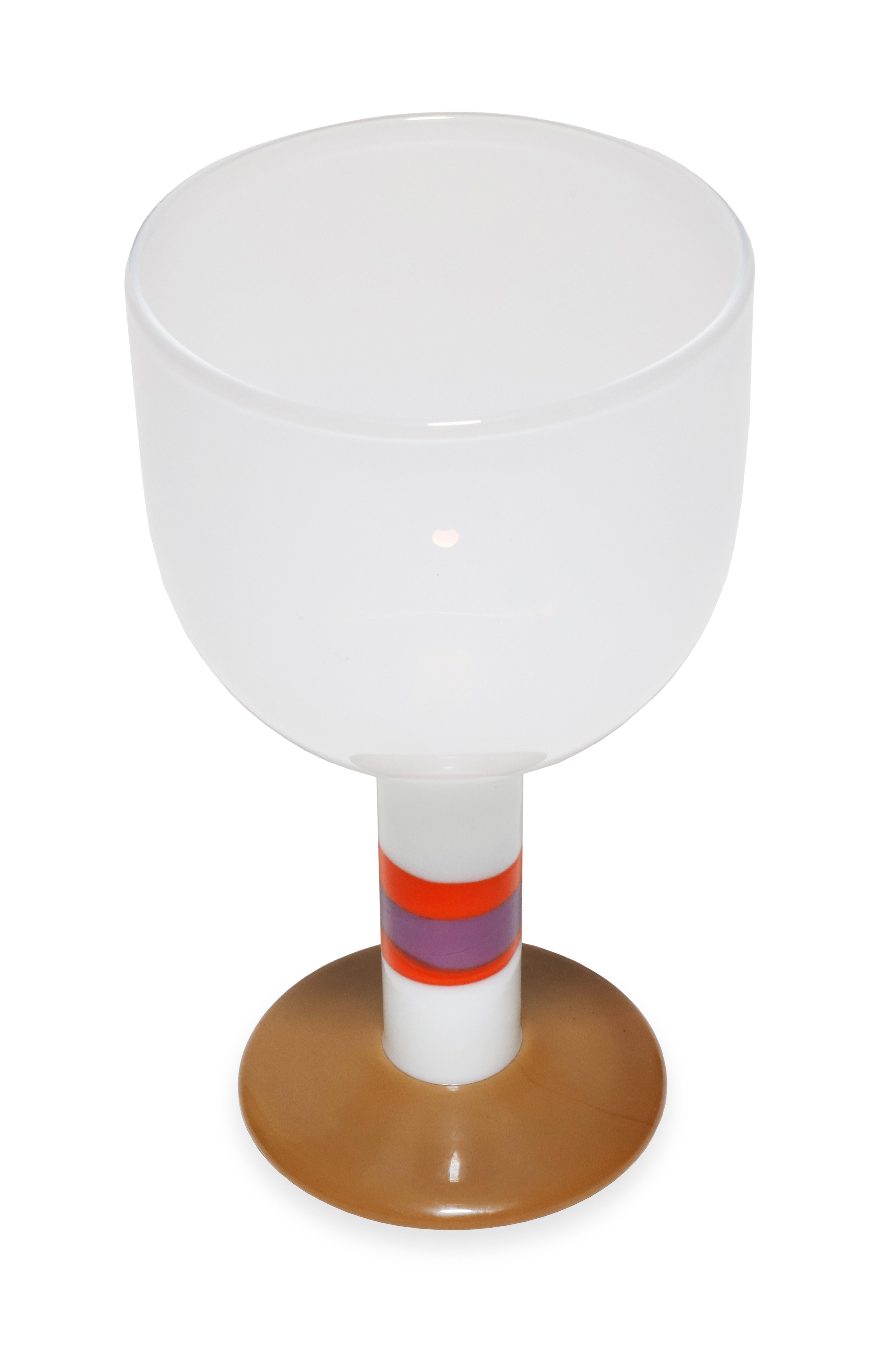 'Pop' goblet in white, with a orange and purple detail on handle and a beige vase. Designed by the Swedish designer Gunnar Cyren and produced by Orrefors, circa 1968. Engraved signature on bottom 