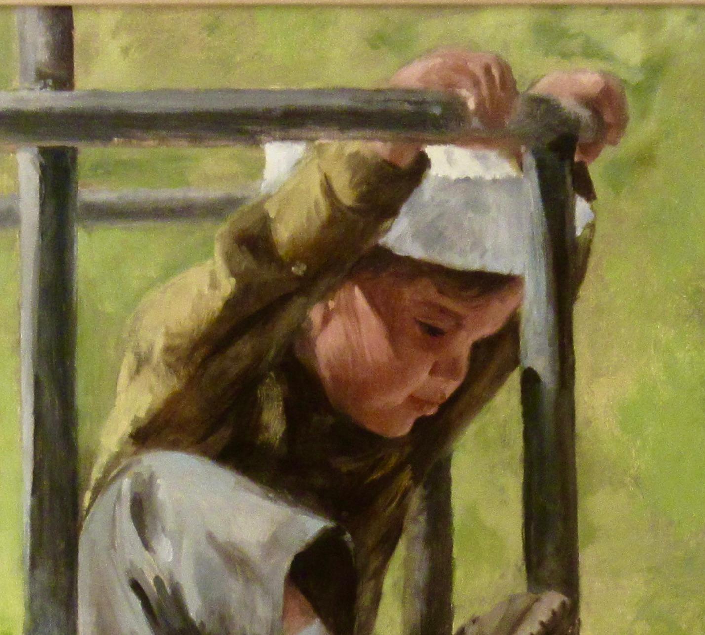 Boy Climbing a Structure - Brown Figurative Painting by Gunnar Donald Anderson