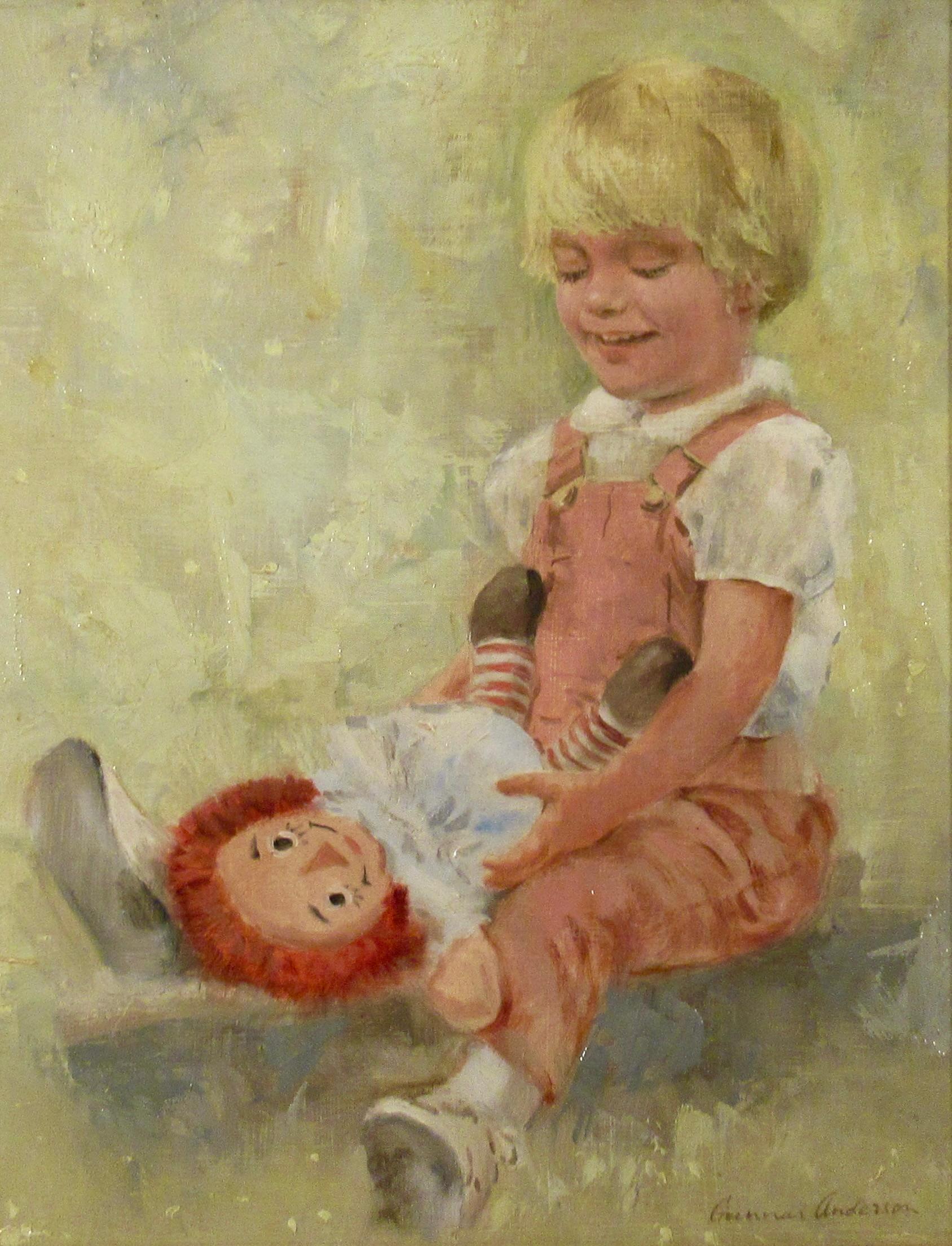Young Girl with Doll - Painting by Gunnar Donald Anderson