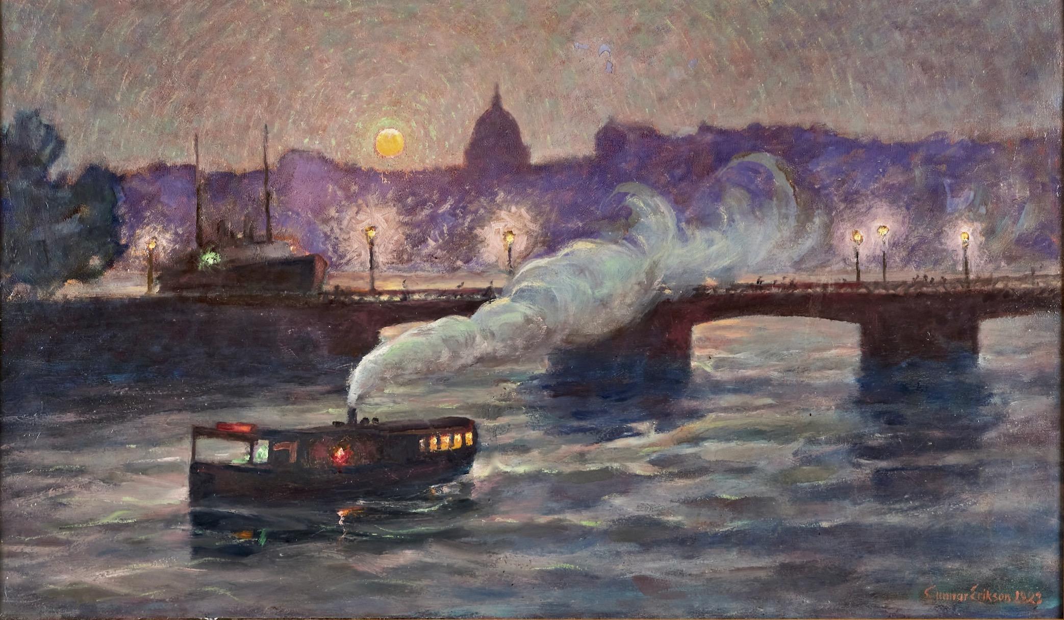 Tramonto su Stoccolma con battello a vapore - Painting di Gunnar Erikson