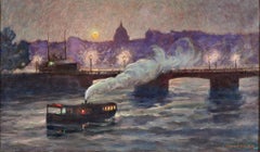 Stockholm Sunset View Oil Painting, Art Nouveau, Signed, 1923