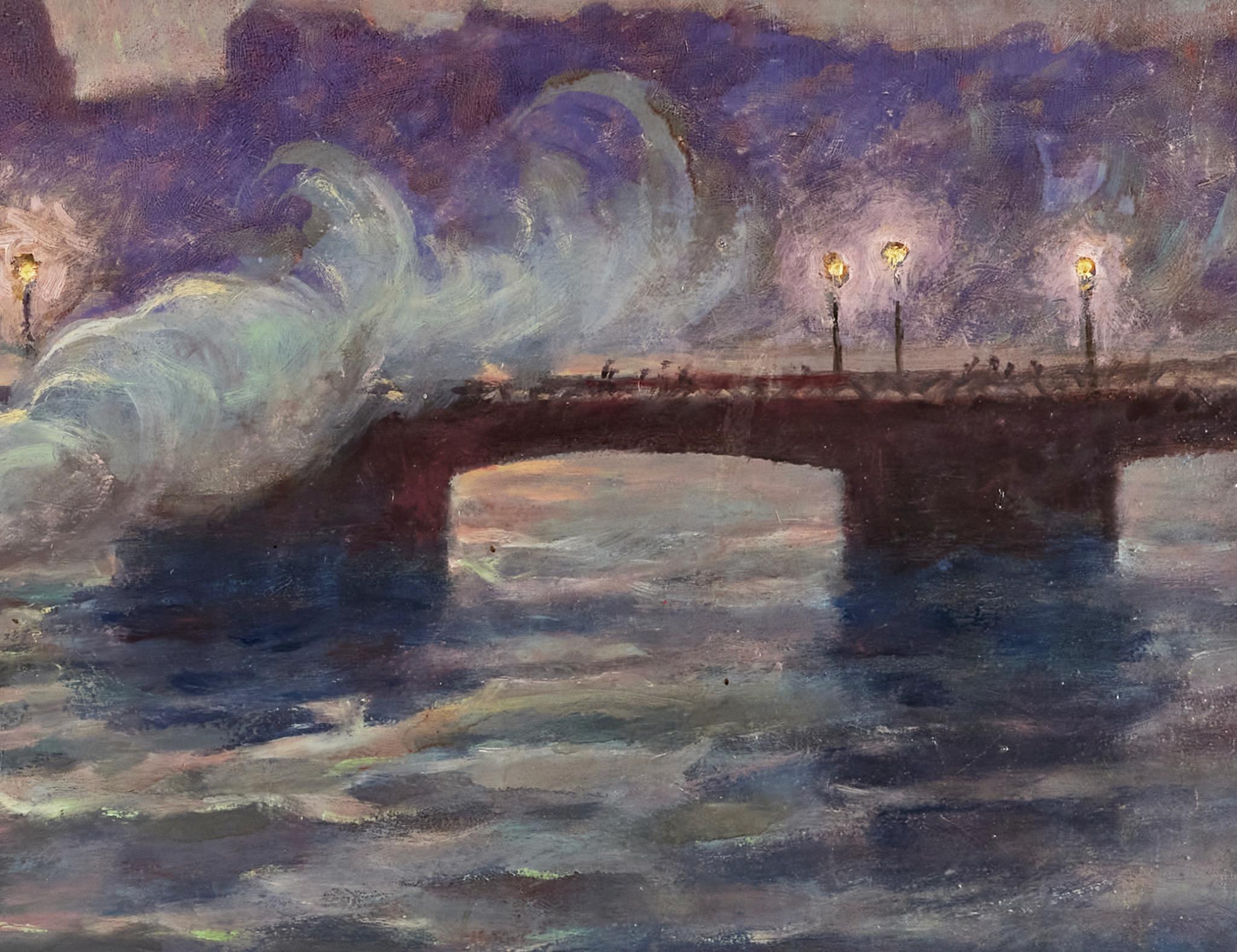 Tramonto su Stoccolma con battello a vapore - Landscape Painting Grigio di Gunnar Erikson