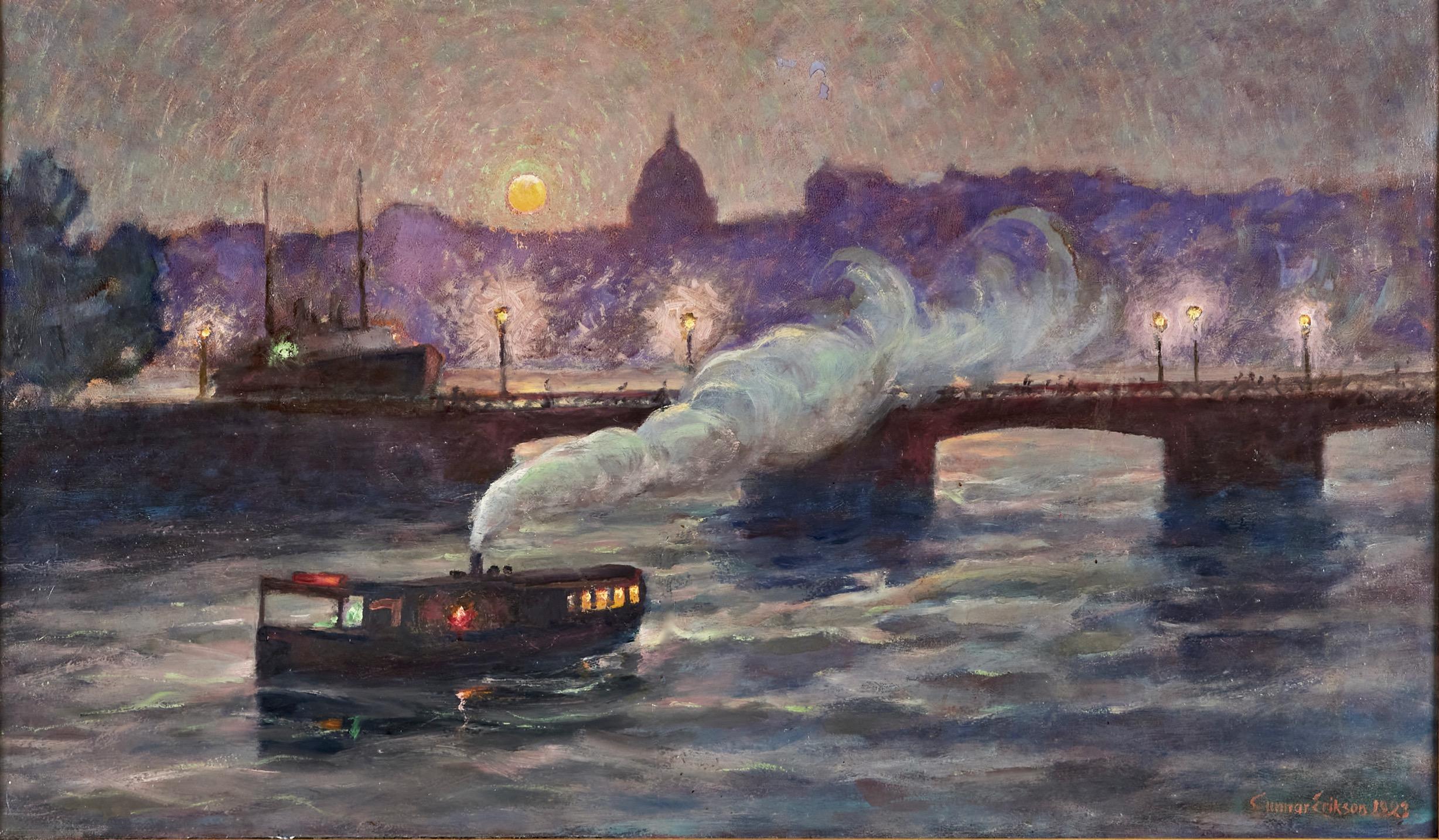 Una magnifica vista di Stoccolma, con un battello a vapore che scivola lentamente accanto allo Skeppsbron (il ponte) con Södermalm e la Chiesa di Katarina illuminati dalla luce soffusa del crepuscolo. Questo suggestivo dipinto a olio su tela,