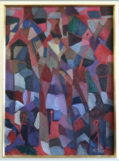 Vintage Mid Century Swedish Abstract Oil Painting - A Gathering Across Planes (Rassemblement d'avions)
